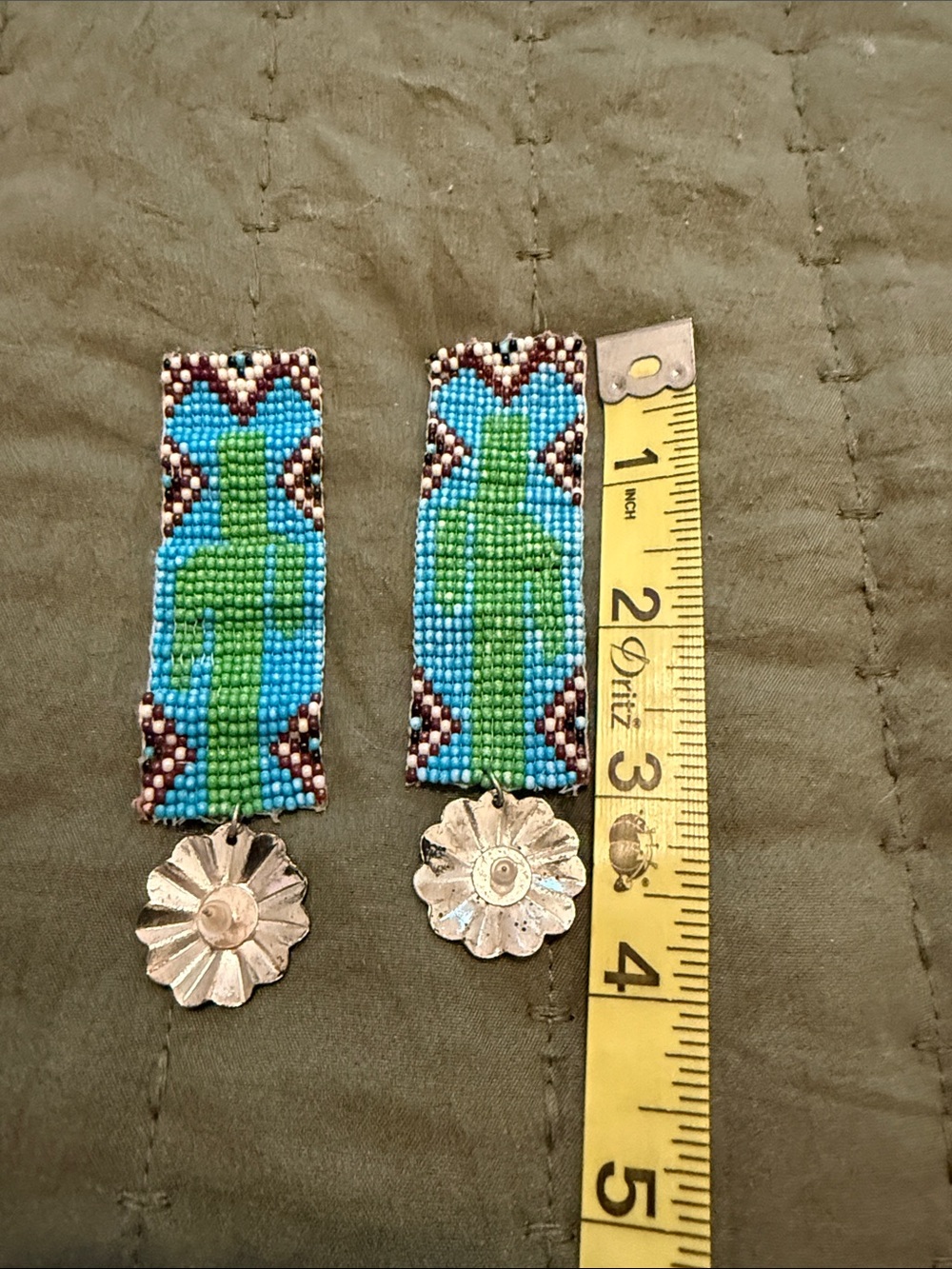 Handmade Beaded Cactus Dangle Earrings - Turquoise & Green - Picture 4 of 4